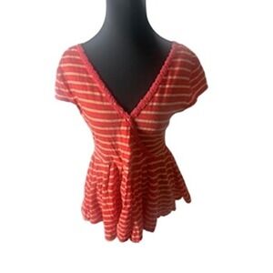 Free People Red Tan Striped Crochet Lace Trim V-Neck Babydoll Peplum Top Small